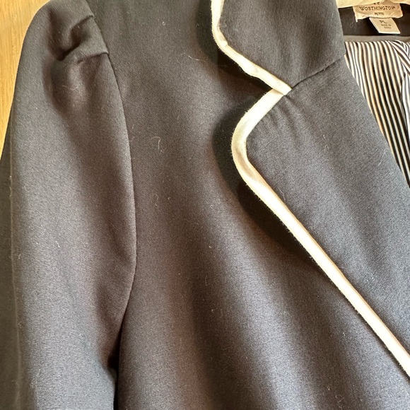 Worthington Cotton/Spandex Blazer Black w White Edging Front Zip Pockets Lined L - Picture 11 of 11
